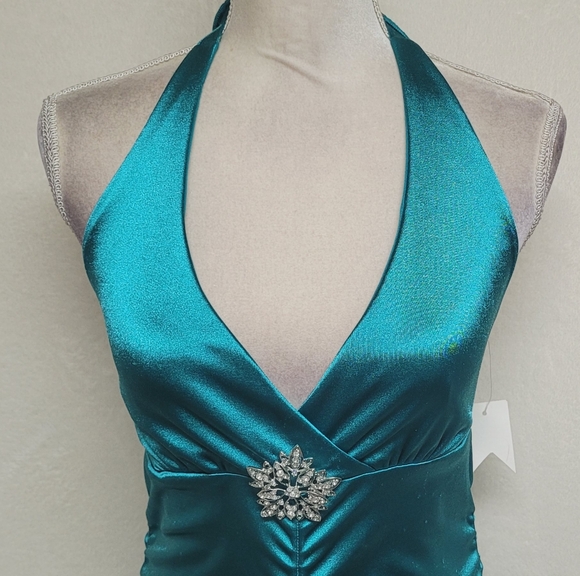 Deadstock Vintage Charlotte Russe Teal Satin Brooch Shark Bite Hem Halter Dress - Picture 3 of 14